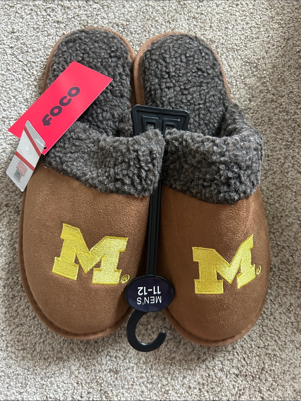 FOCO University of Michigan Brown & Yellow Sherpa-Lined Slippers Sz 11-12 Men’s